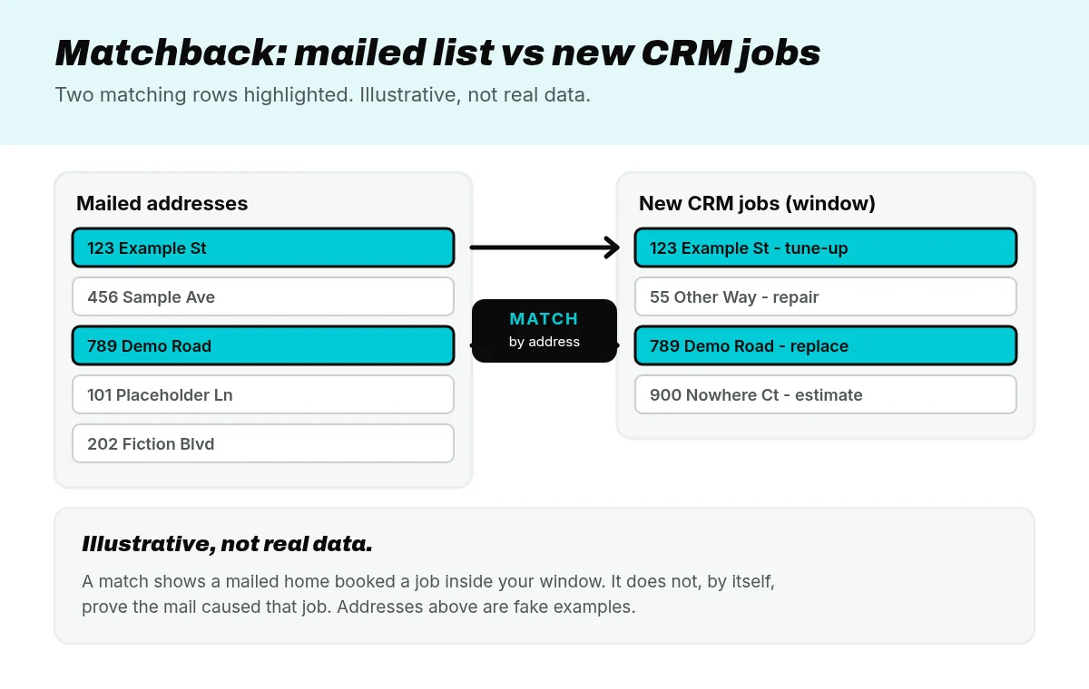 Direct mail matchback report diagram comparing mailed addresses with new jobs in the CRM