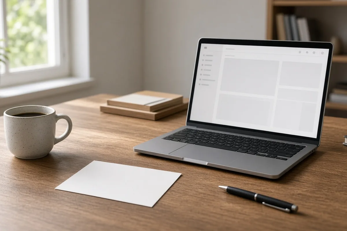 Contractor desk with a blank postcard and laptop, standing in for reviewing direct mail attribution results