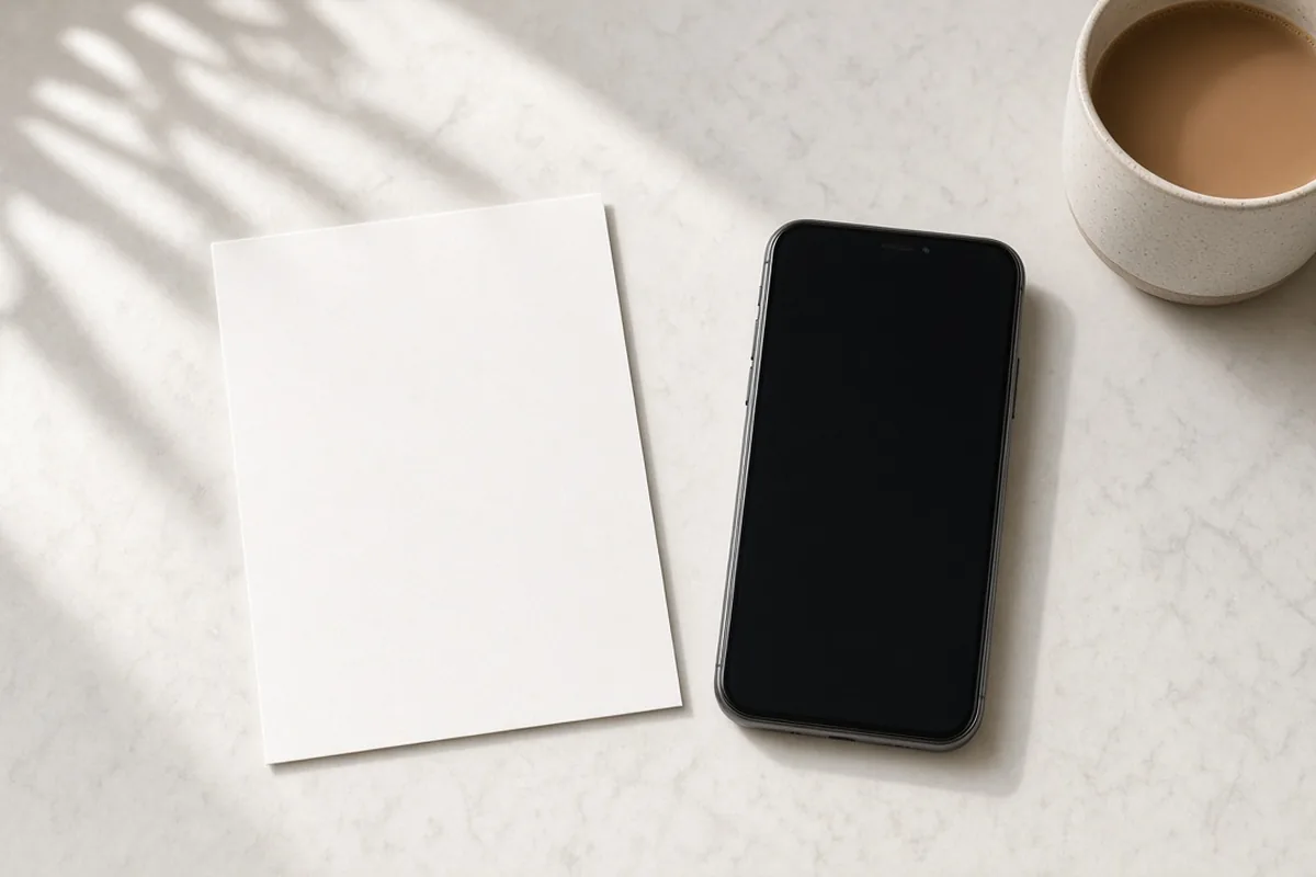 Postcard beside a smartphone on a kitchen counter, where trackable direct mail turns into a call to the tracked number
