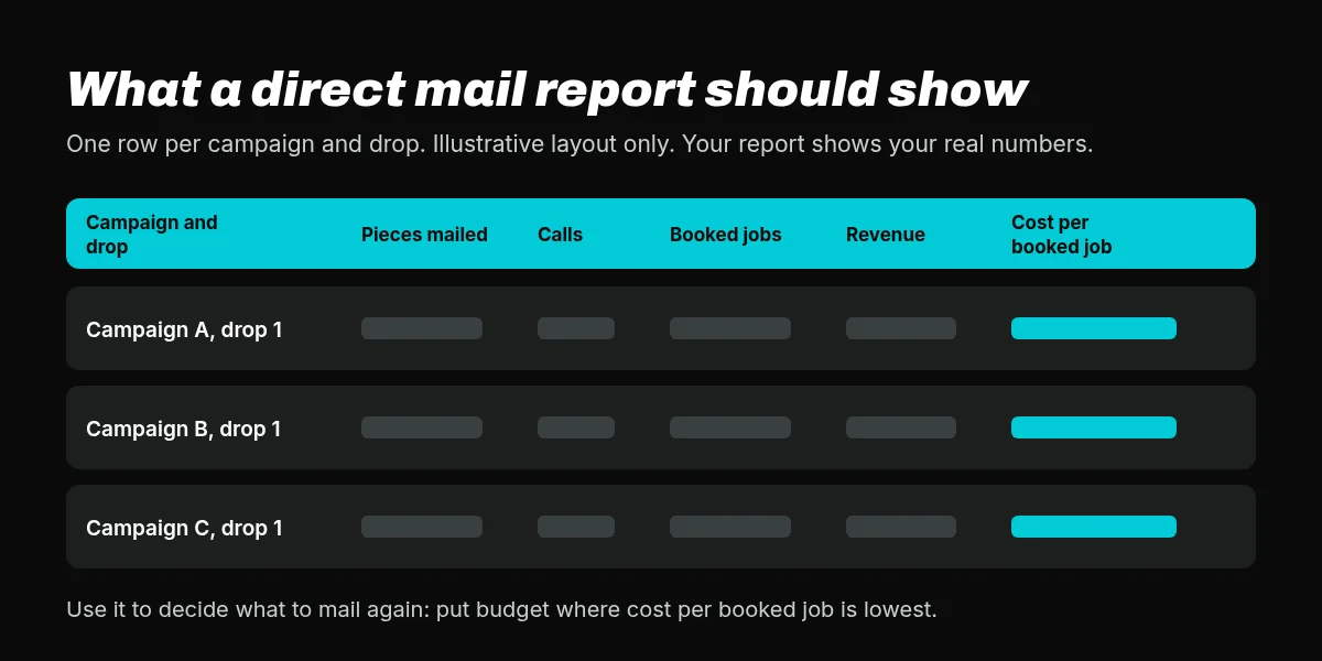 Illustrative direct mail analytics report layout with columns for campaign and drop, pieces mailed, calls, booked jobs, revenue, and cost per booked job