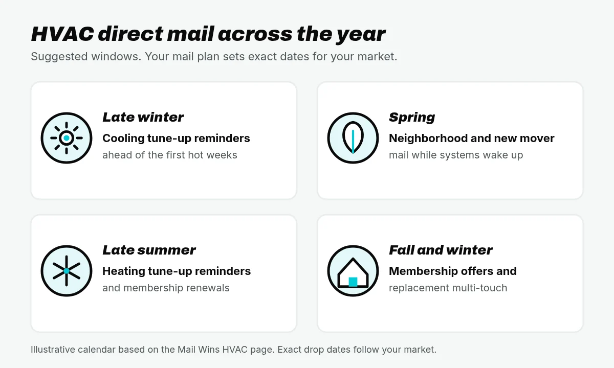 HVAC direct mail seasonal calendar: late winter cooling tune-ups, spring neighborhood and new mover mail, late summer heating tune-ups and renewals, fall and winter membership and replacement multi-touch